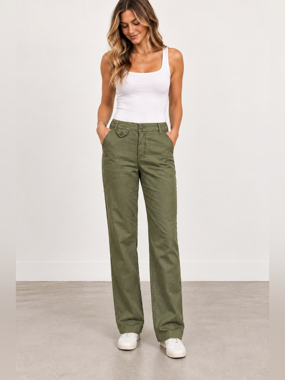 Anthropologie Level 99 Olive Green Straight Leg Trouser Pants Size 25